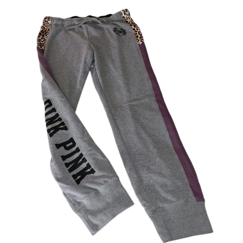 Victorias Secret PINK Track Pants Leopard Colorblock Logo Gray M